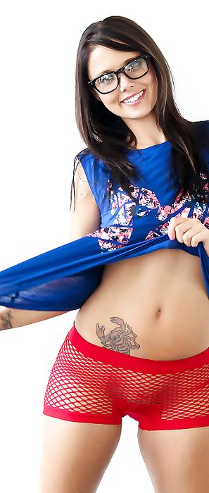 Bailey Knox Red Fishnet Shorts and Glasses