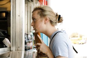 Kerin Metzger Zishy Tight Blue Dress Flashing Her Cute Colorful Thong